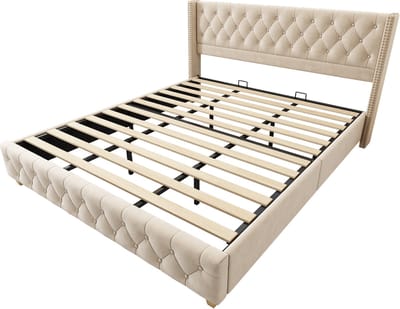 COVREO Gestoffeerd bed met lattenbodem – 180x200 cm – Tweepersoonsbed met knoopstiksel – Bedframe voor slaapkamer – Lichtbeige - zonder matras
