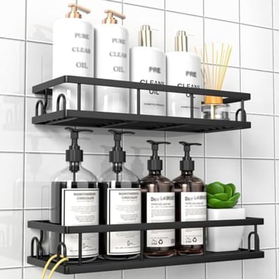 PromoHome Doucherek 2-Pack Zonder Boren - Wandmontage Badkamer Doucheplank Organizer - Sterk Draagvermogen 40LB - Roestbestendig Staal - Zwart