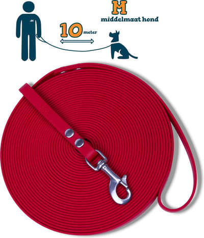 Miqdi lange lijn - BioThane® – rood - 10 meter lang – 13mm breed – M – middelmaat hond – lange hondenriem