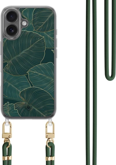 Casimoda® hoesje met koord - Geschikt voor iPhone 16 - Monstera Leaves - Afneembaar koord - TPU/polycarbonaat - Groen