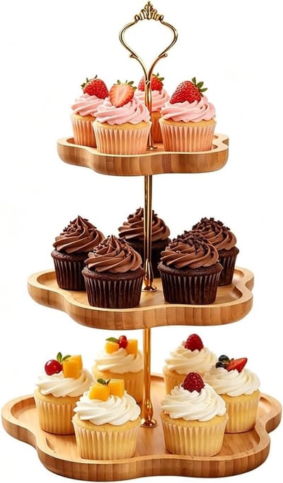 Elegante bamboe etagère met 3 etages voor cupcakes, taarten en desserts - Ideaal voor bruiloften, verjaardagen en feestdecoratie, 30, 25, 20 cm