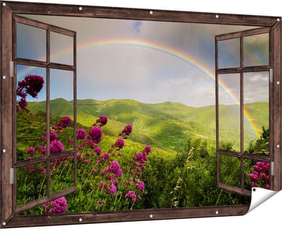 Gards Tuinposter Doorkijk Regenboog in de Heuvel Bossen - 180x120 cm - Tuindoek - Tuindecoratie - Wanddecoratie buiten - Tuinschilderij
