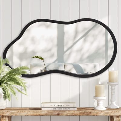 Dailygoods- Wandspiegel Moderne Onregelmatige Vorm - Houten Omlijsting - Asymmetrische Wandspiegel - Voor Badkamer/Slaapkamer/Woonkamer - Zwart - Hangende Spiegel - Decoratieve Spiegel