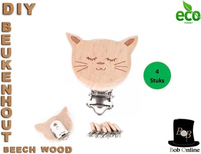 Bob Online ™ - 4 Stuks – Laser Gegraveerd Houten Jarretel Clips Kat – Jarretel Clips – Houten Clips – Cat Laser Engraved Suspender clips – Hobby Materiaal – Houten DIY Clip – Houten DIY Jarretelklemmen – Speenkoordclips