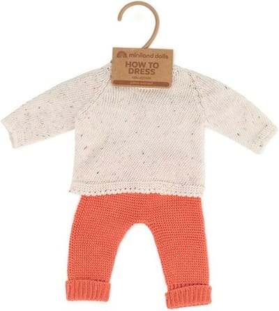 ML Poppen: KLEDIJ SET GEBREID rood/wit voor pop 38cm, eco en gerecycleerd,  2-delig, trui en broek, op kleerhanger, 3+