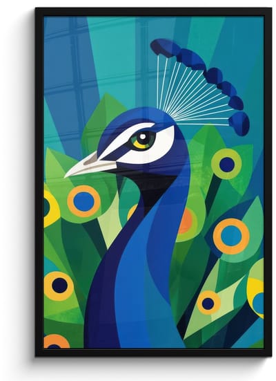 Poster in lijst - Fotolijst 60x90 cm - Posters - Pauw - Cirkels - Blauw - Posterlijst zwart - Decoratie - Wanddecoratie woonkamer - Muurdecoratie slaapkamer