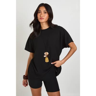 boohoo Dames Tweetonige Geribbelde Wijduitlopende Short & Top Co-ord Set | Black | Maat: 6