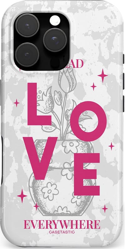 Casetastic hoesje geschikt voor Apple iPhone 16 Pro - MagSafe - Dubbellaagse bescherming - Spread Love Everywhere - Grijs Roze - Valentijn - Valentine - Fashion Case - Lichtgrijs Wit Roze