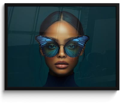 Poster in lijst - Fotolijst 70x50 cm - Posters - Vrouw - Vlinder - Bril - Blauw - Modern - Portret - Posterlijst zwart - Decoratie - Wanddecoratie woonkamer - Muurdecoratie slaapkamer