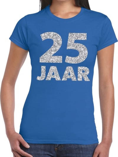 25 jaar zilver glitter verjaardag t-shirt blauw dames - verjaardag / jubileum shirts XS