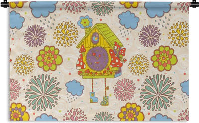 Wandkleed - Wanddoek - Koekoeksklok - Patronen - Paddenstoel - Bloemen - 90x60 cm - Wandtapijt
