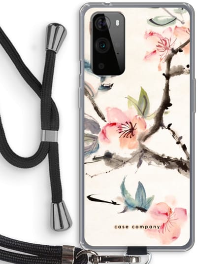 Case Company® - Hoesje met koord geschikt voor OnePlus 9 Pro hoesje met Koord - Japanse bloemen - Telefoonhoesje met Zwart Koord - Bescherming aan alle Kanten en Over de Schermrand