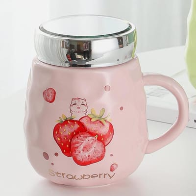 Leuke Cartoon Fruit Serie Keramische Beker Fruit Hooguitziende Koppel Mok Thuis met Deksel Waterbeker Cadeaubeker 410ml gray