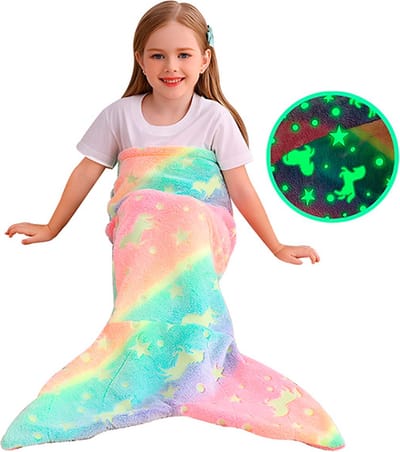 Jojoy - Glow-in-the-Dark Zeemeerminnenstaart Deken voor Kinderen – Zachte Fleece, Slaapzak en Deken in Eén – Magisch Oplichtend Cadeau - MERMAIDREAM Unicorn