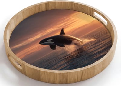 Dienblad rond 40x40 cm - Schootdienblad hout - Orka - Zee - Zonsondergang - Borrelplank rechthoek - Plateau houten dienbladen