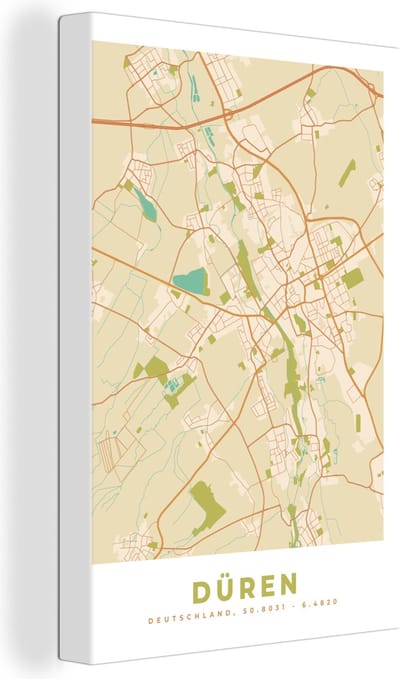 Canvas Schilderij Plattegrond - Düren - Kaart - Vintage - Stadskaart - 20x30 cm - Wanddecoratie