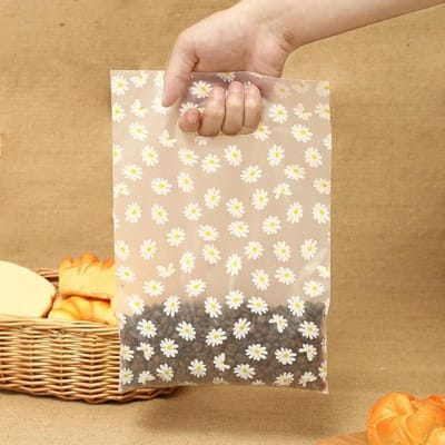 100 Stuks Plastic Cadeautassen in Madeliefjesstijl met Handvat, Boodschappentassen Tote Bags Perfect voor Moederdag Bruiloft Verjaardag Feestdagen transparant
