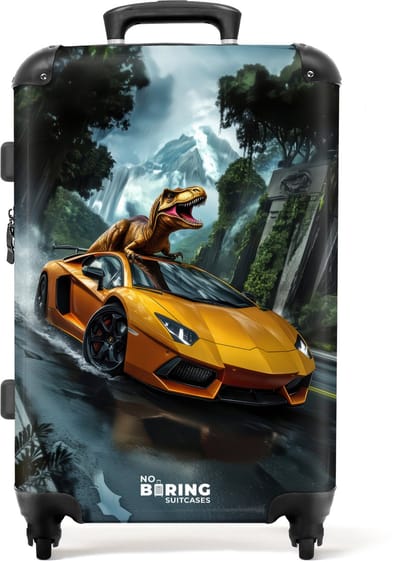 NoBoringSuitcases.com® - Kinderkoffer jongen - Kindertrolley jongens - T-Rex op oranje sportauto in regenachtig woud - Koffer kind groot - Rolkoffer lichtgewicht - Reiskoffer met 4 wielen - Grote trolley XL - 20 kg bagage