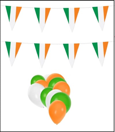 Ierland feestpakket Big - 6x Vlaggenlijn 10 meter + 150 ballonnen groen/wit/oranje - Versiering Slinger Feestdecoratie Decoratie