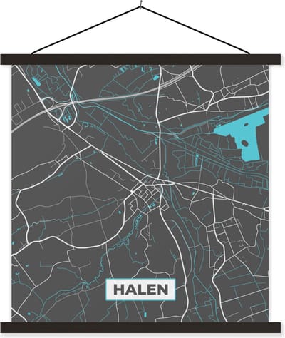 Posterhanger incl. Poster 60x60 cm - Schoolplaat - Plattegrond – Halen – Blauw – Stadskaart - Kaart - Textielposter - Zwarte latten - Stadskaart