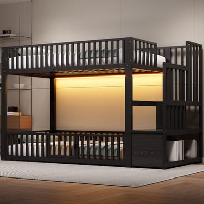 Stapelbed - 90x200 cm - Met Opbergtrap En LED - Metaal - Zwart