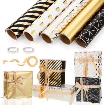 Cadeaupapierset, 43 cm x 3 m, cadeaupapier, verjaardag, cadeaupapier, zwart goud, cadeaupapierrol met lint, goud, voor kinderverjaardag, bruiloft, afstuderen, babyshower