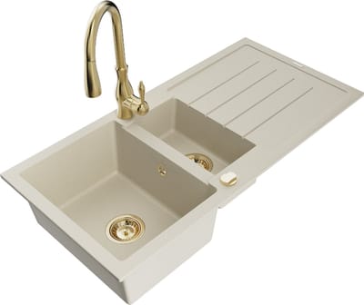 Mexen Andres granieten spoelbak 1,5-kompartiment met afdruiprek en keukenkraan Savita, beige - 6515-69-672601-50