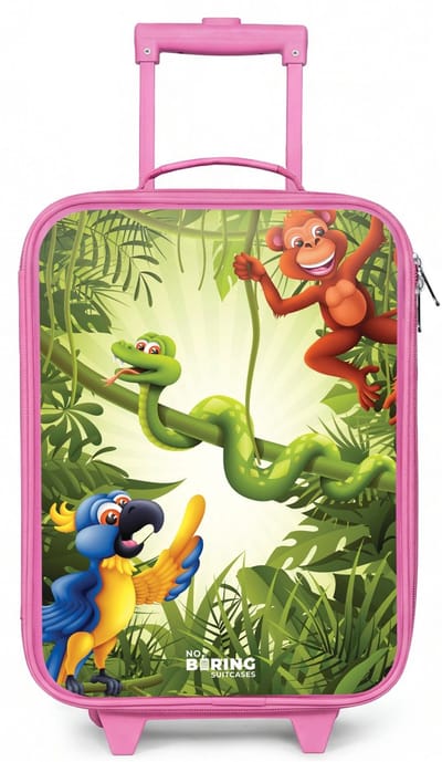 NoBoringSuitcases.com® - Kinderkoffer roze - Kindertrolley meisje - Dieren in de jungle - Koffer kind lichtgewicht - Reiskoffer trolley voor kinderen - Koffertje met lichtgevende wieltjes - Rolkoffer