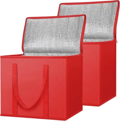 2 Stuks Geïsoleerde Boodschappentassen – Opvouwbare Koeltas voor Boodschappen – Grote Herbruikbare Koeltas met Ritssluiting – rood – 16''x9''x13''