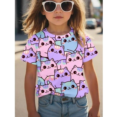Meisjeskleding Zomer 3D Print T-shirt Kawaii Kat Grafisch Kinder Meisjes Kleding Buiten Korte Mouw Casual Kinder Top voor Meisjes 160 black