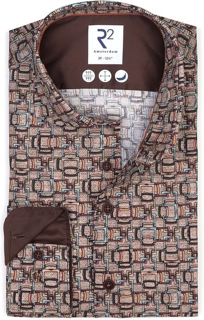 R2 Overhemd Print Bruin - Maat 37 - Heren - Overhemden Casual