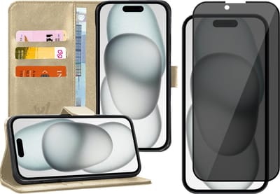 Hoesje geschikt voor iPhone 15 - Privacy Screen Protector FullGuard - Book Case Kunstleer Pasjeshouder Goud & Screenprotector