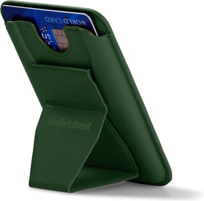 Walletstreet Magnetische Pasjeshouder & Standaard horizontale en verticale stand. (Groen)Voor MagSafe iPhone 12/13/14/15 Bij gebruik van Magneet geschikt voor alle telefoons-RFID Bescherming- Creditcardhouder/Portemonnee/Kaarthouder horizontale en ve