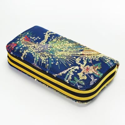 Portefeuille femme longue fermeture éclair porte-monnaie Designers de luxe à la main broderie paon rétro pochette portefeuille femme pour adolescente fille bleu