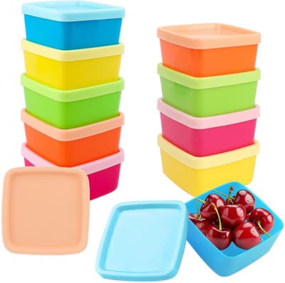 Set van 10 kleine blikjes met deksel, plastic, vierkant, kleine vriesdozen, 5 kleuren, mini-blikjes met deksel, vriesdozen, klein voor het bewaren van snack, fruit