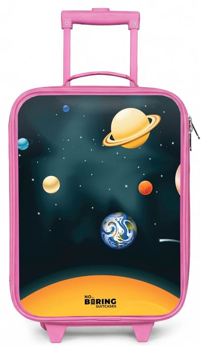 NoBoringSuitcases.com® - Kinderkoffer roze - Kindertrolley meisje - Ruimte met planeten - Koffer kind lichtgewicht - Reiskoffer trolley voor kinderen - Koffertje met lichtgevende wieltjes - Rolkoffer