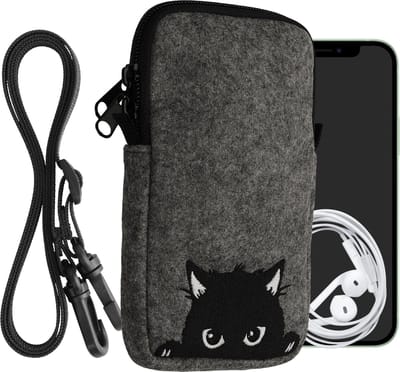 kwmobile Tasje voor smartphones L - 6,5" - Hoesje van vilt in grijs / zwart - Phone case met nekkoord - design