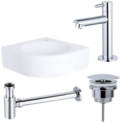 FugaFlow Eccelente Pietra fonteinset - 30x30x10cm - 1 kraangat - hoek - keramiek - fonteinkraan chroom - glans wit