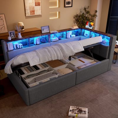 Slaapbank - 90x200 cm - met LED, USB-C en Hydraulische Opbergruimte - Linnen - Grijs