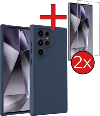 Hoesje - Met 2x Screenprotector - Geschikt voor Samsung Galaxy S24 Ultra - Sterk & Shockproof - Telefoon Hoes - Back Cover - Siliconen Case - Telefoonhoes - Donkerblauw