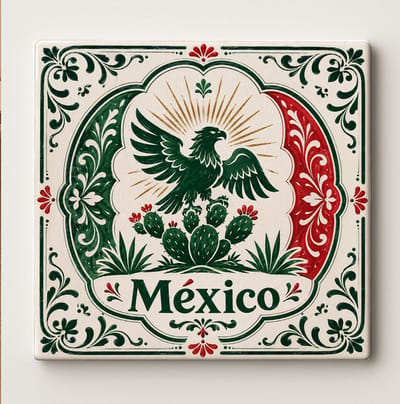 Mexico Decoratieve Tegel – Mexicaanse Adelaar en Cactus Design met Vlagkleuren, Bloemenrand en Traditionele Stijl – Keramische Souvenir Cadeautegel