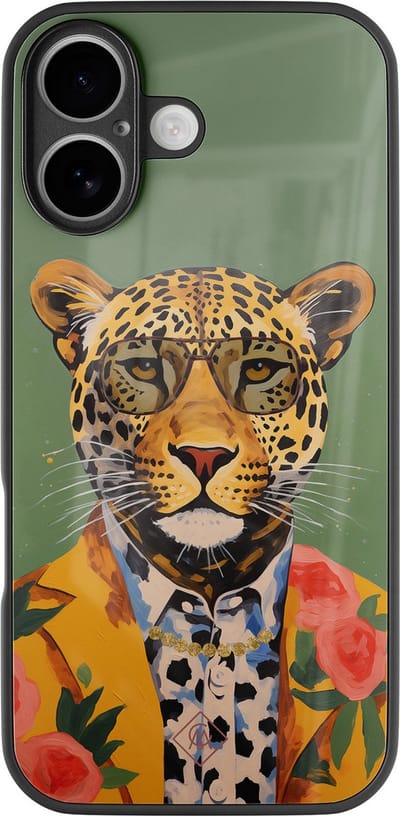 Casimoda® hoesje - Geschikt voor iPhone 16 - Luipaard Hipster - Luxe Hard Case Zwart - Backcover telefoonhoesje - Groen