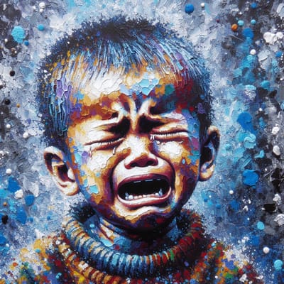 Acryl huilend kind schilderij | Tranen van onschuld: een hartverscheurend portret in acrylverf | Kunst - 80x80 centimeter op Dibond | Foto op Dibond