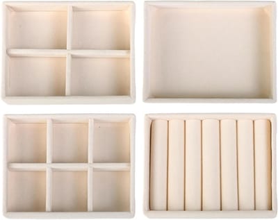 Sieradenopbergdoos met 4 Compartimenten - Stapelbare Organizer voor Oorbellen, Ringen, Kettingen en Armbanden in Beige