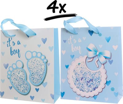 Set van 4 Stevige Draagtassen - Babyshower Cadeautasjes voor Jongen (Boy)met Confetti Design (19.5x23.5x8)