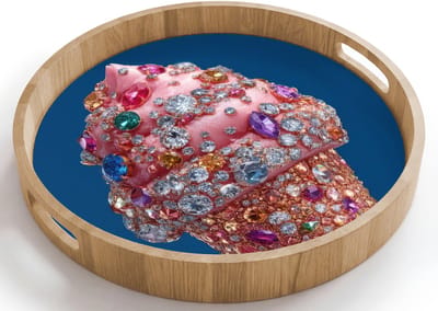 Dienblad rond 40x40 cm - Schootdienblad hout - Ijsje - Hoorntje - Steentjes - Blauw - Borrelplank rechthoek - Plateau houten dienbladen