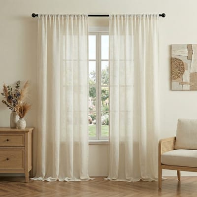 Qelus 2 Stuks Echte Linnenmix Inbetween Gordijnen Kant en Klaar - 30% Natuurlijk Vlas Vitrage - Tunnelzoom Lichtdoorlatend - Landhuisstijl - Naturel - voor Woonkamer - Slaapkamer - 140cmx225cm