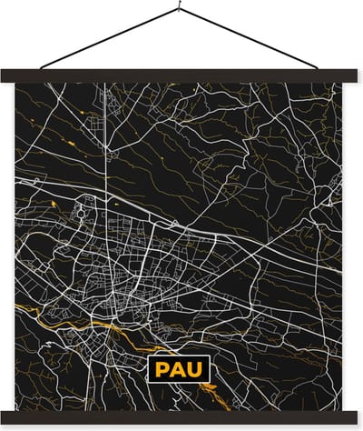 Posterhanger incl. Poster 60x60 cm - Schoolplaat - Stadskaart – Frankrijk – Kaart – Pau – Plattegrond - Textielposter - Zwarte latten - Stadskaart