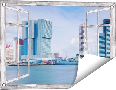 Gards Tuinposter Doorkijk Rotterdamse Skyline aan het Water - 60x40 cm - Tuindoek - Tuindecoratie - Wanddecoratie buiten - Tuinschilderij