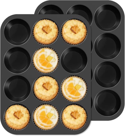 Muffin bakvormen, anti-aanbaklaag, muffinvorm, siliconen met metalen versterkt frame, BPA-vrij, muffinvormen voor cupcakes, brownies, cakes, pudding, 32 x 24 x 3 cm, zwart, 2 stuks